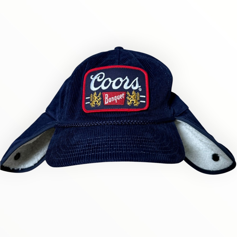Coors Banquet Mad Engine Trapper Corduroy Cap Hat Mens OSFA Navy Blue NWT